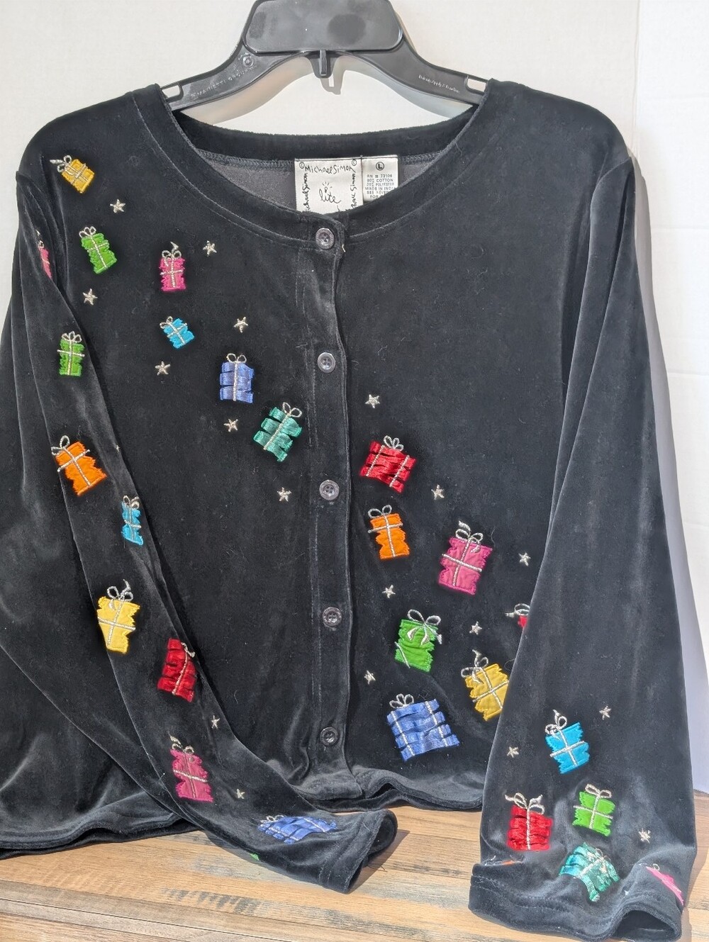 Michael Simon Lite Christmas Cardigan Women's L Black Velor Embroidered Present